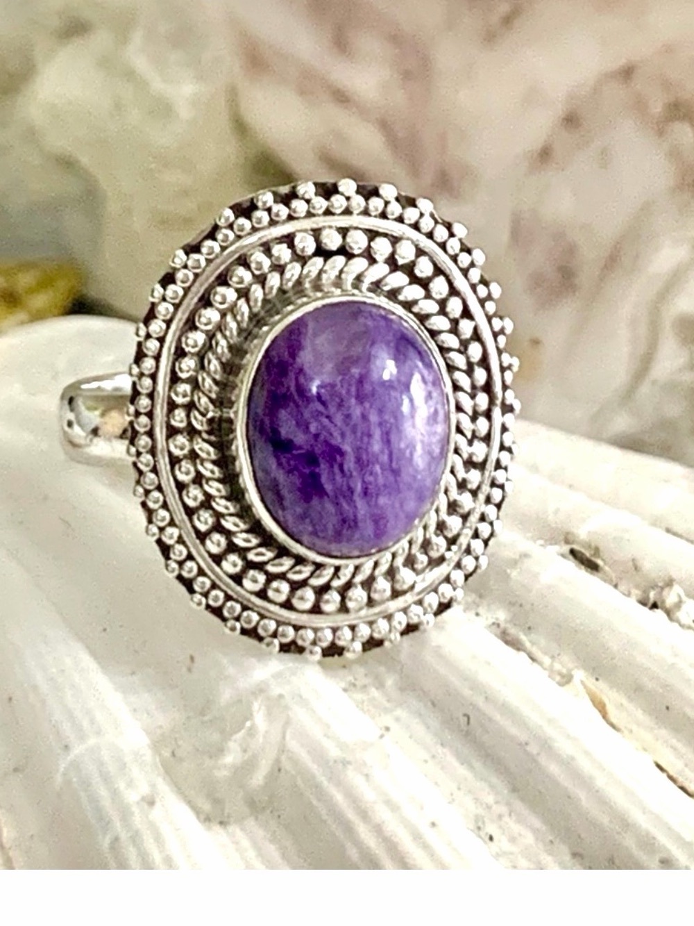Rare Sugilite Mayan Style Sterling Silver Ring